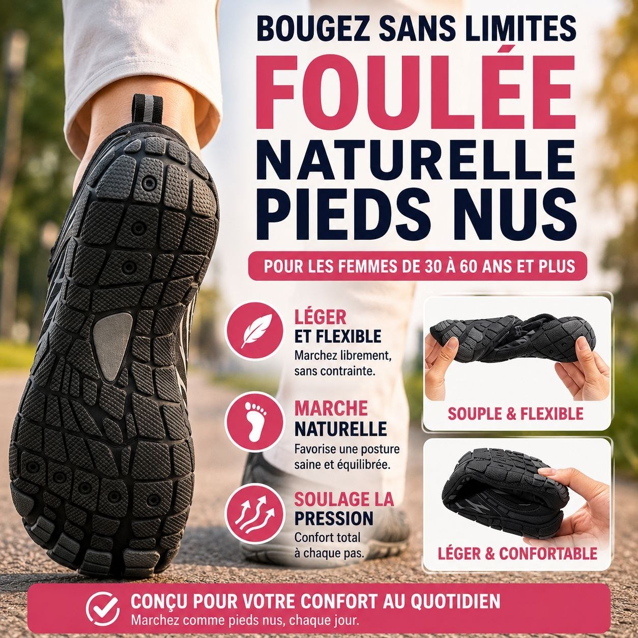 La chaussure pliée, roulée et tordue pour montrer sa souplesse